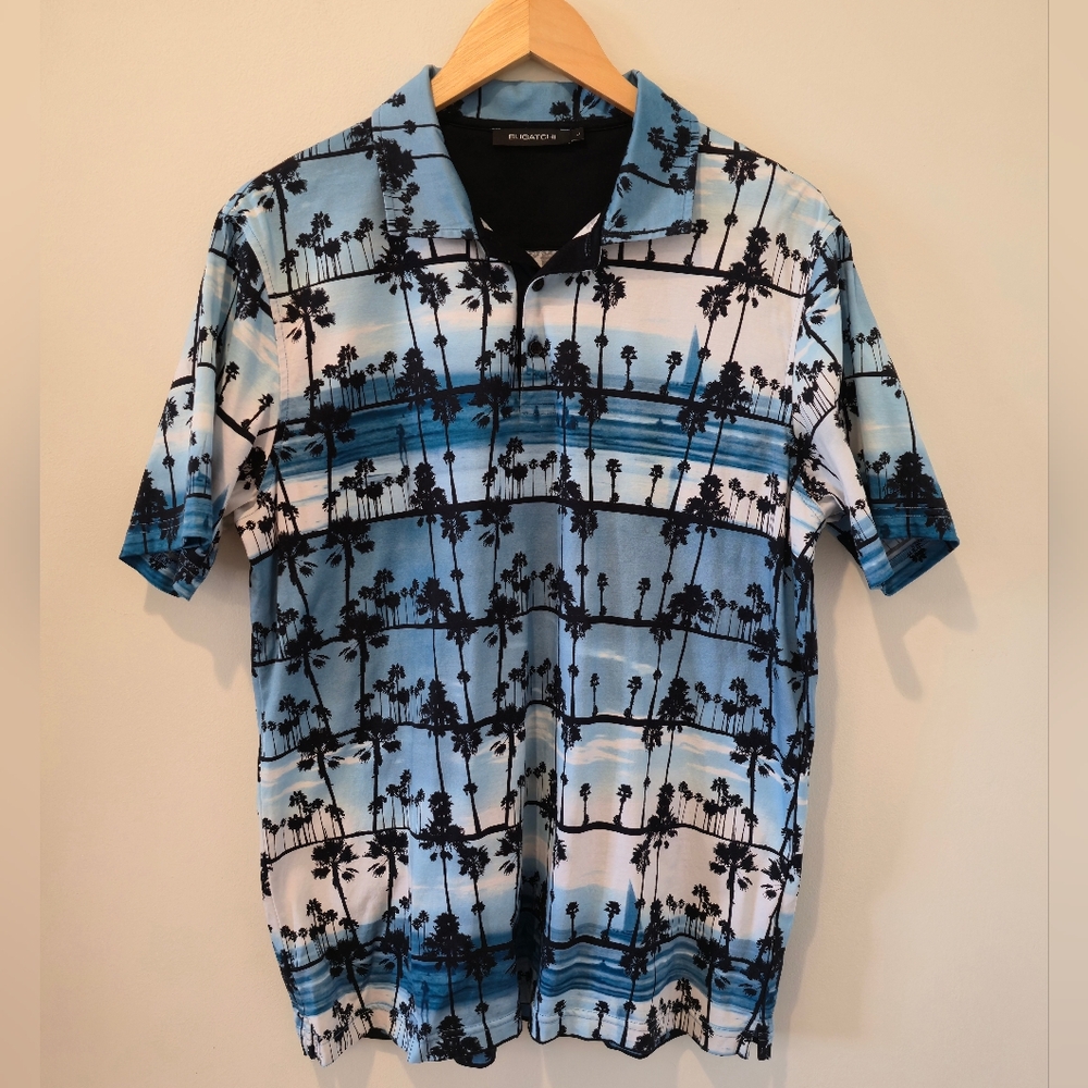 BUGATCHI Cotton Polo Golf Shirt With Palm Tree Beach Pattern - Men's Large
